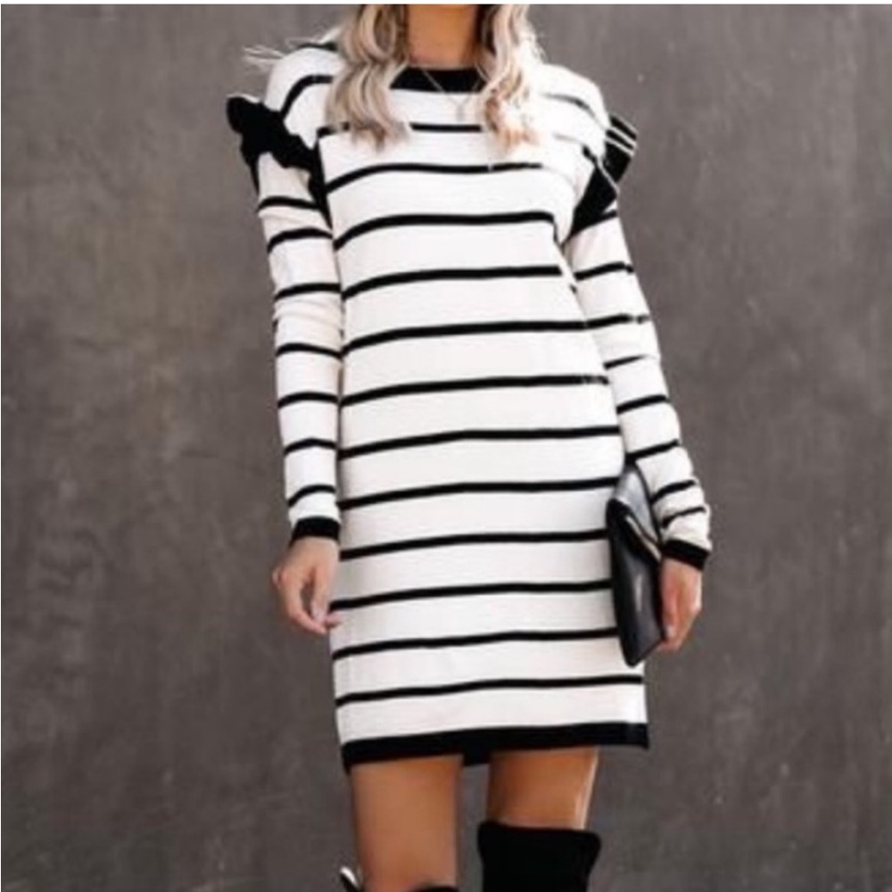Striped ruffled sweater dress